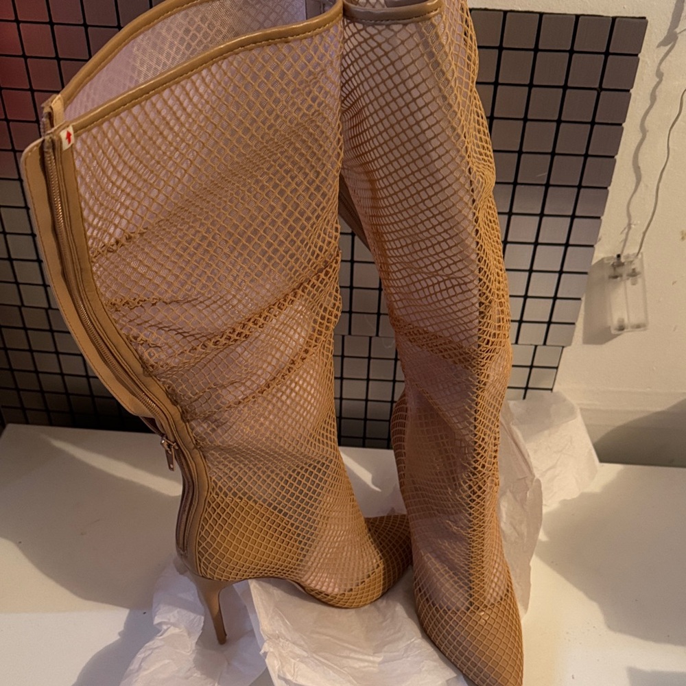 Tan Mesh Knee-High Boots
